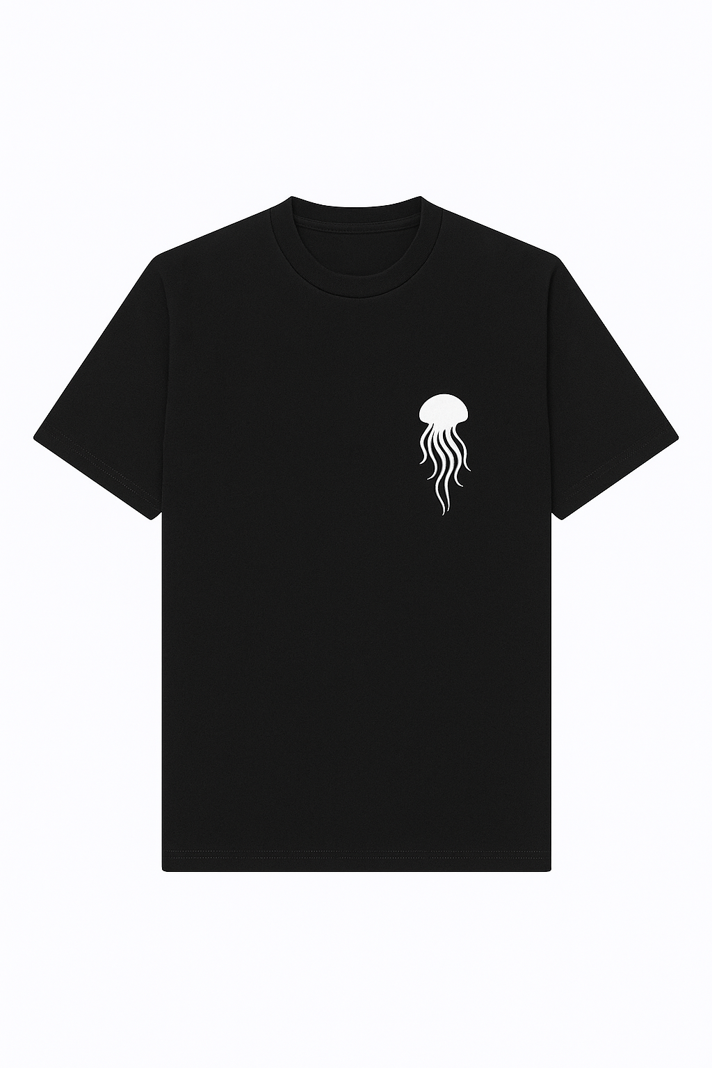 Black t-shirt with a white jellyfish design on a white background