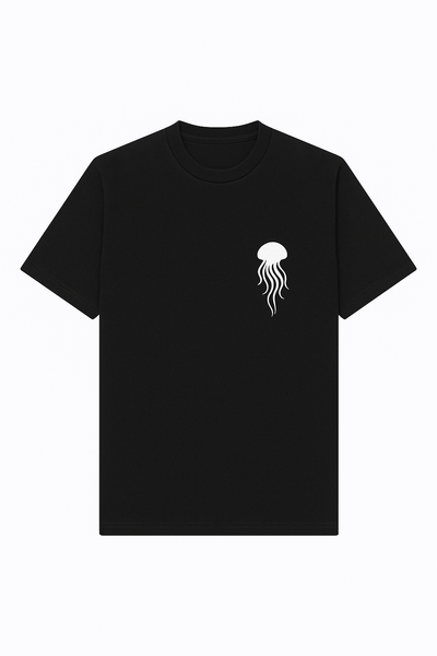 Black t-shirt with a white jellyfish design on a white background