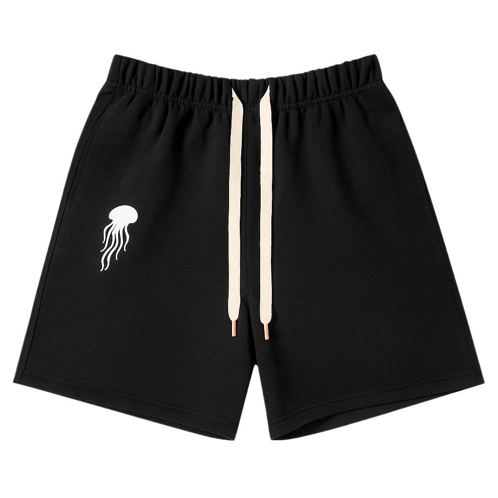 Black shorts with a white jellyfish logo on a light gray background