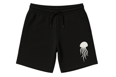 Black shorts with a white jellyfish design on a white background