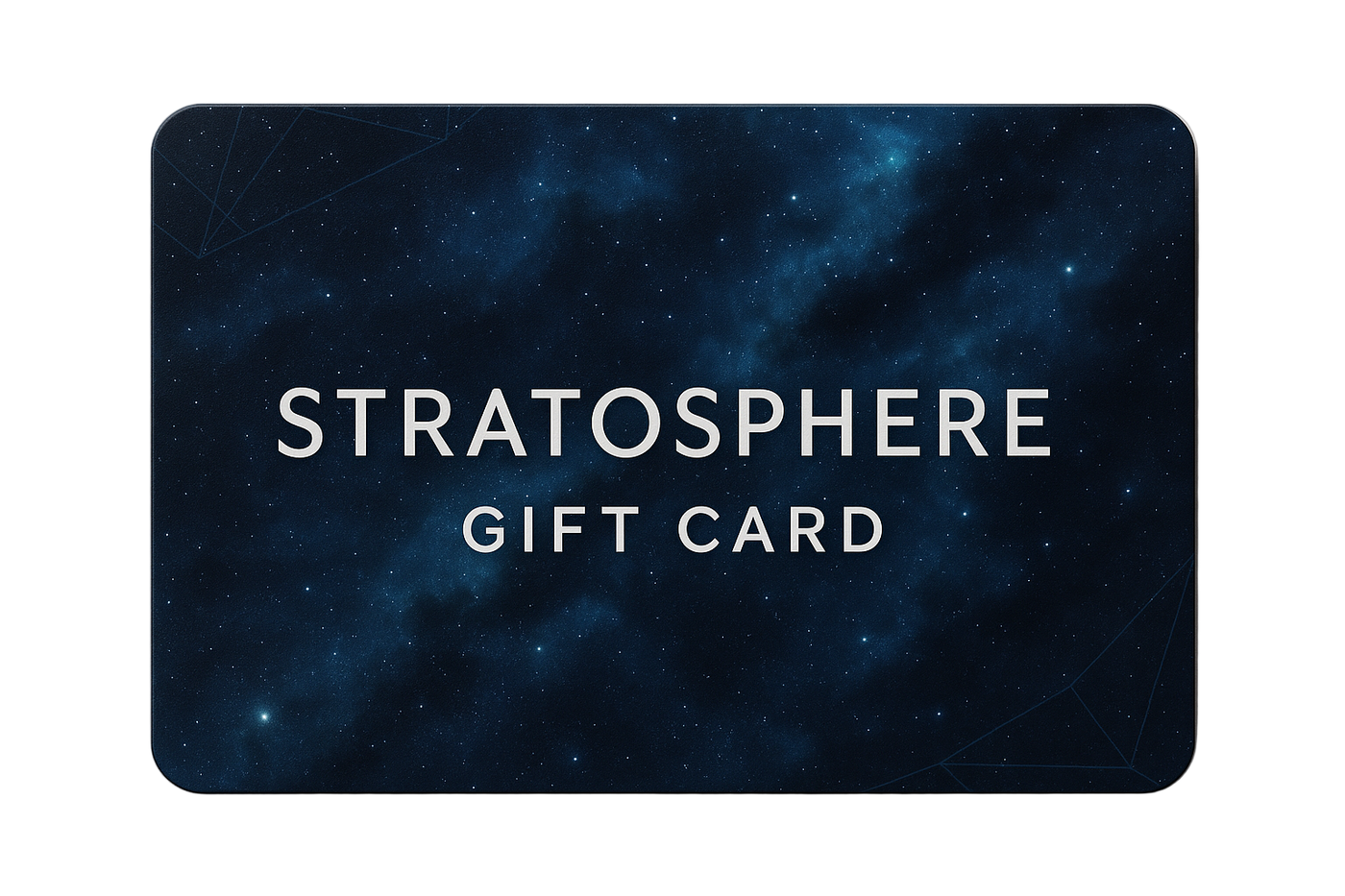 Stratosphere gift card with a dark space-themed design on a white background