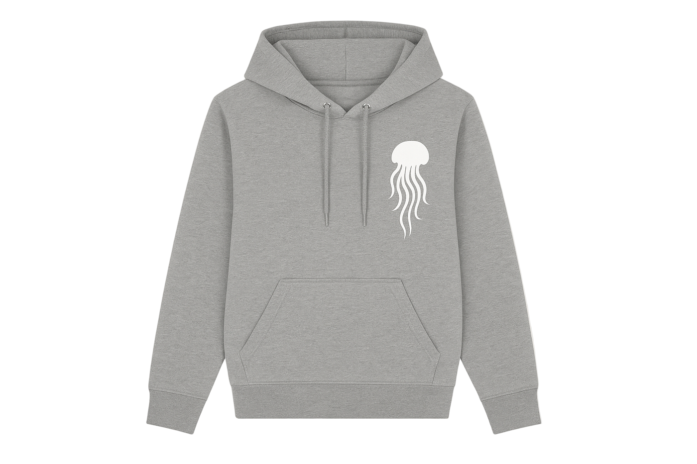 Gray hoodie with a white jellyfish graphic on a white background
