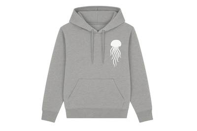 Gray hoodie with a white jellyfish graphic on a white background
