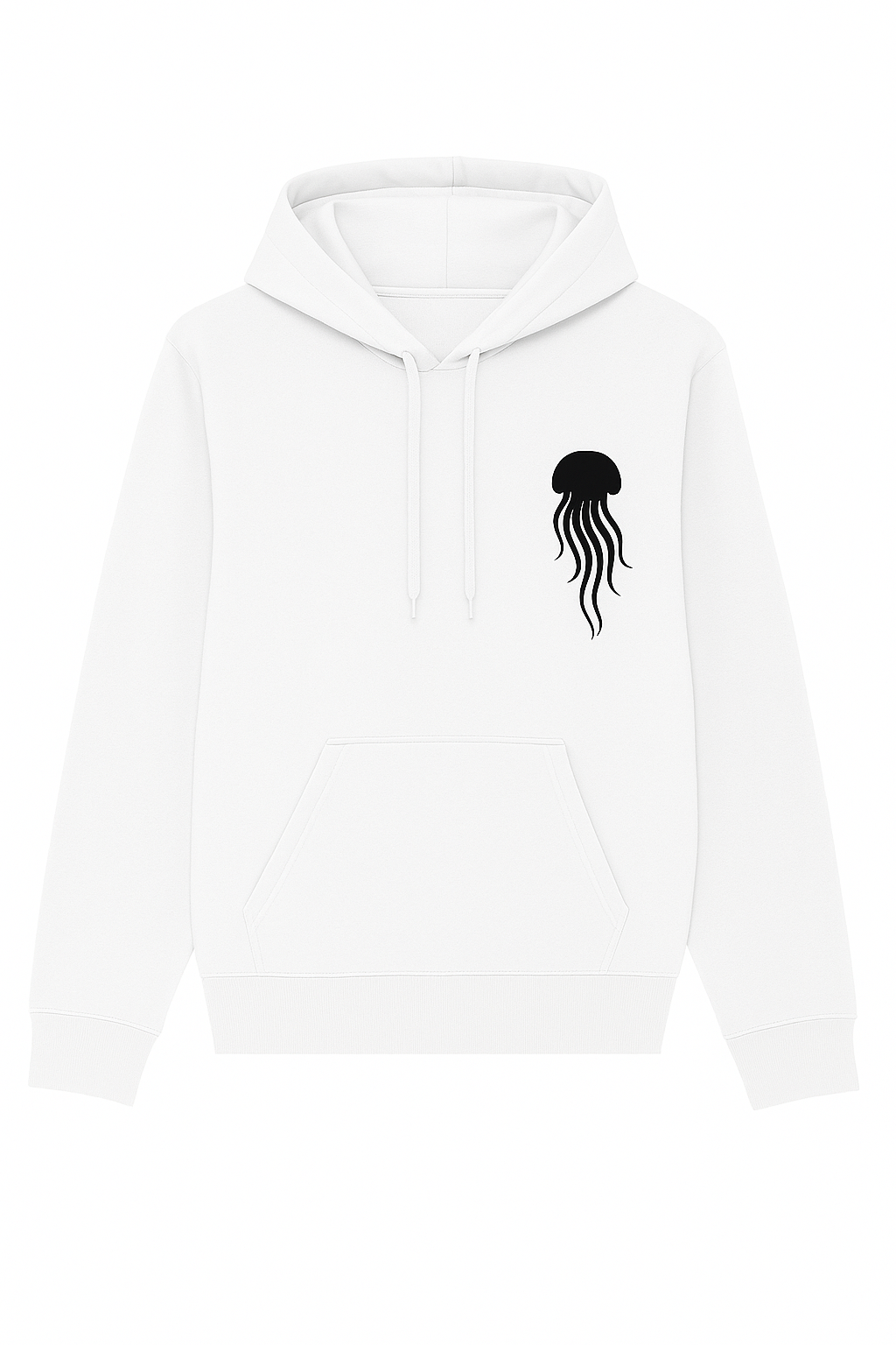 White hoodie with a black jellyfish design on a white background