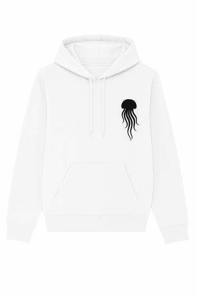 White hoodie with a black jellyfish design on a white background