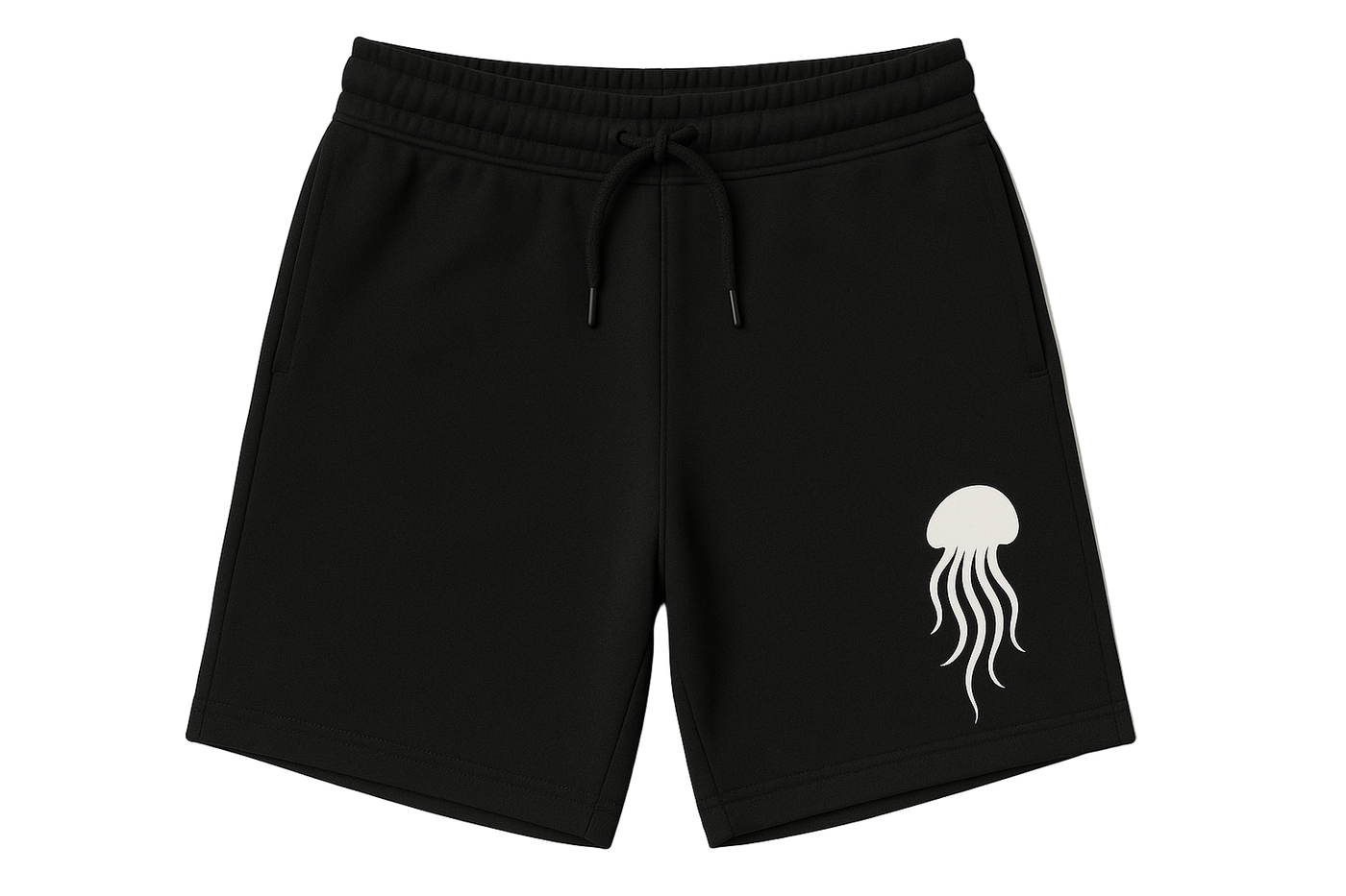 Black shorts with a white jellyfish design on a white background