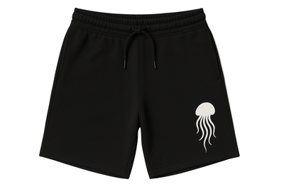 Black shorts with a white jellyfish design on a white background