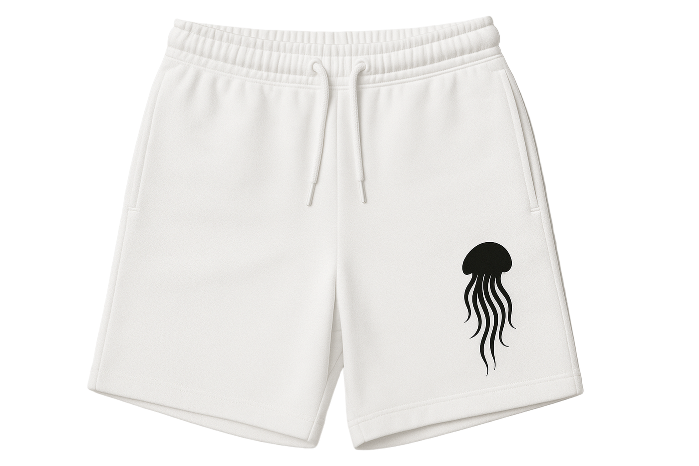 White shorts with a black jellyfish design on a white background