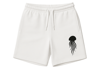White shorts with a black jellyfish design on a white background