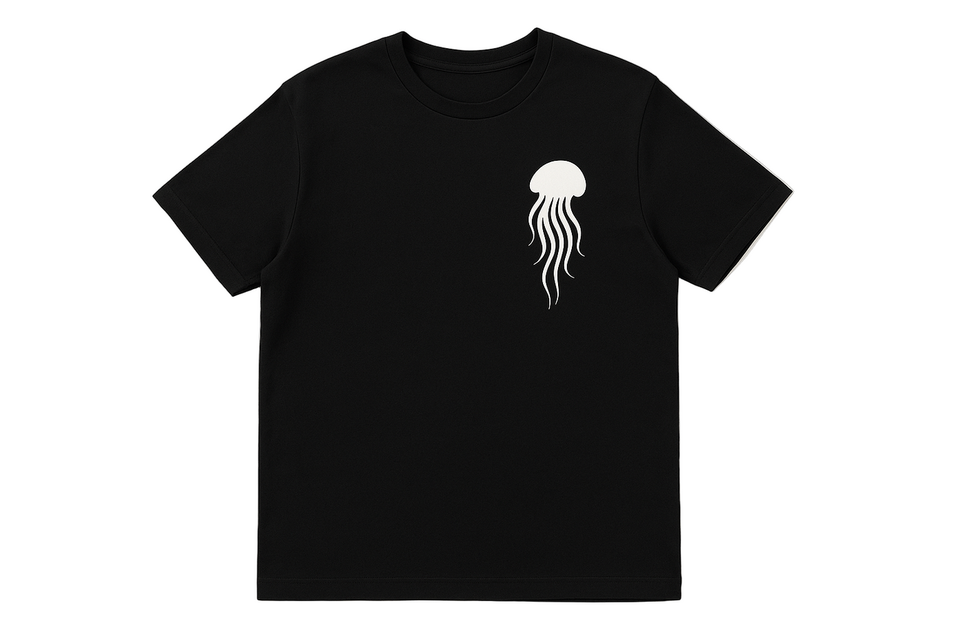 Black t-shirt with a white jellyfish design on a white background