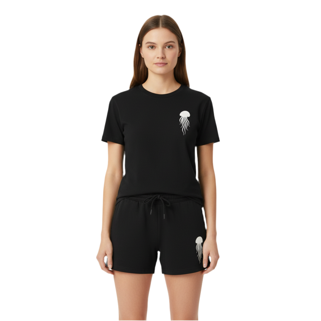 Woman wearing a black t-shirt and shorts set with jellyfish design on a white background