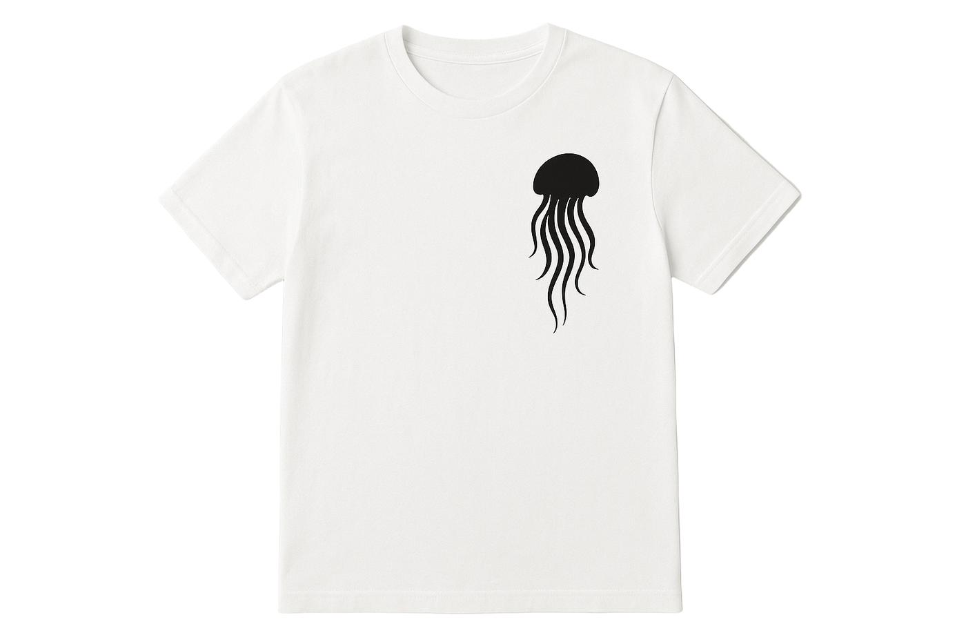 White t-shirt with a black jellyfish design on a white background