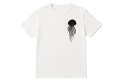 White t-shirt with a black jellyfish design on a white background