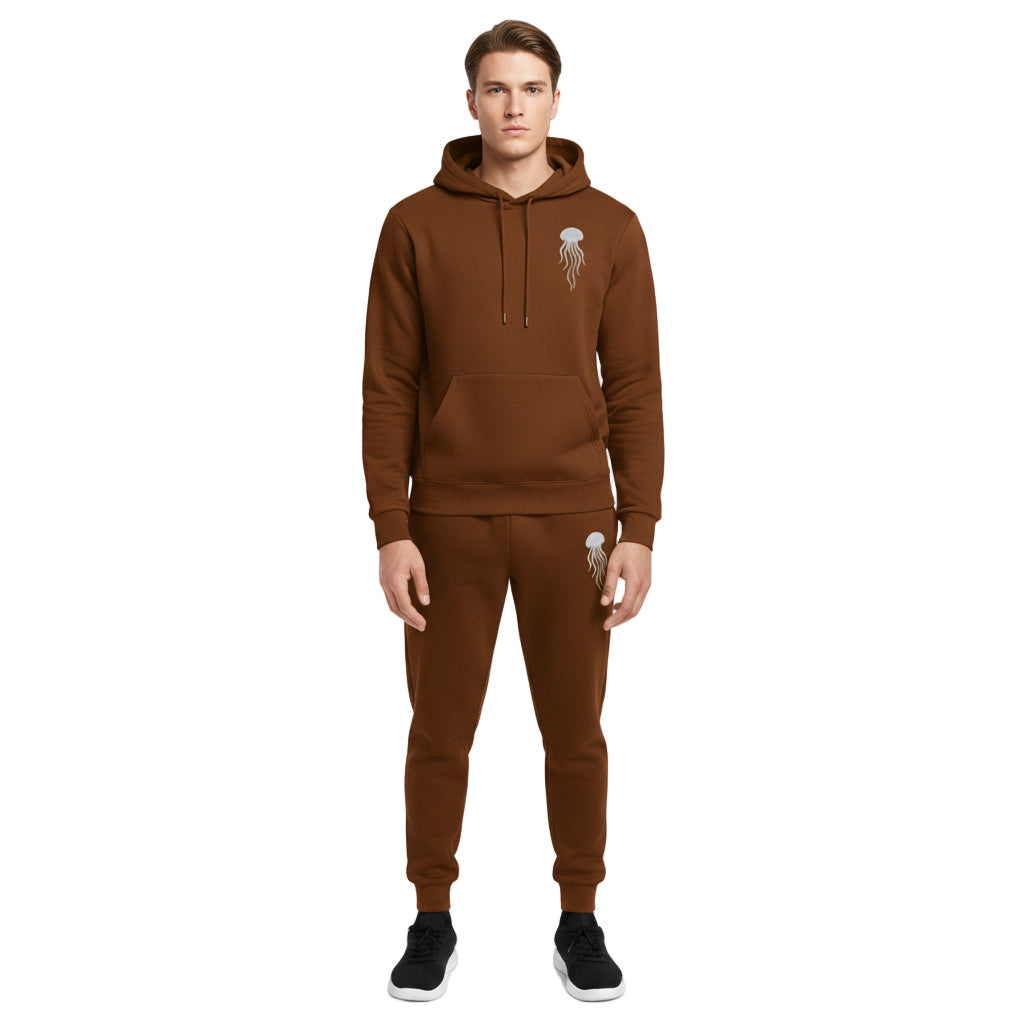 A man wearing a brown hoodie and pants with a jellyfish logo on a white background